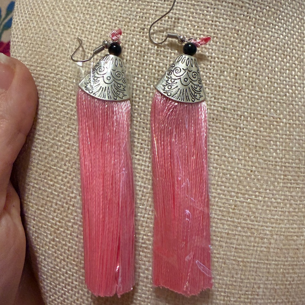 Pink Tassel Drop Earrings Silver Filigree Boho Statement Fishhook Fringe New
